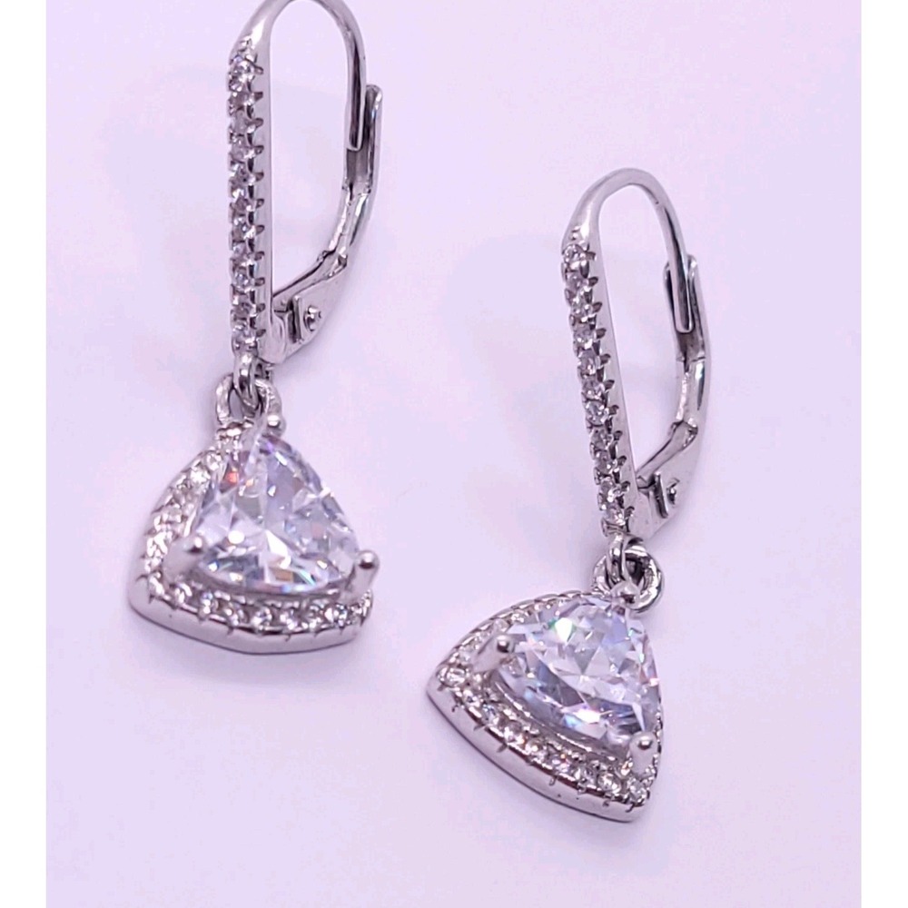 Clear Trillion Cut Halo Drop Earrings Silver Tone Leverback Sparkle
